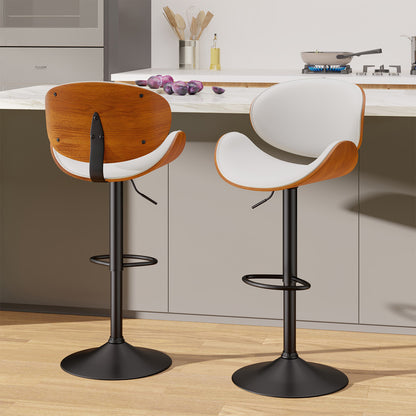 Modern Adjustable Swivel Bar Stool with Faux Leather & Walnut Wood