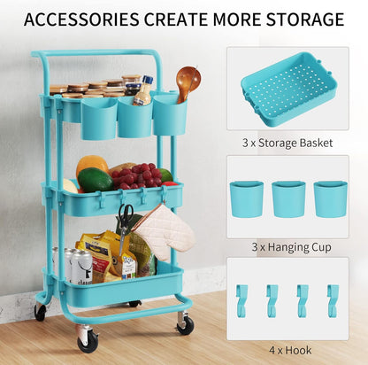 3-Tier Rolling Utility Cart Storage Shelves Multifunction Storage Trolley Service Cart with Mesh Basket Handles and Wheels Easy Assembly for Bathroom, Kitchen, Office (Blue)