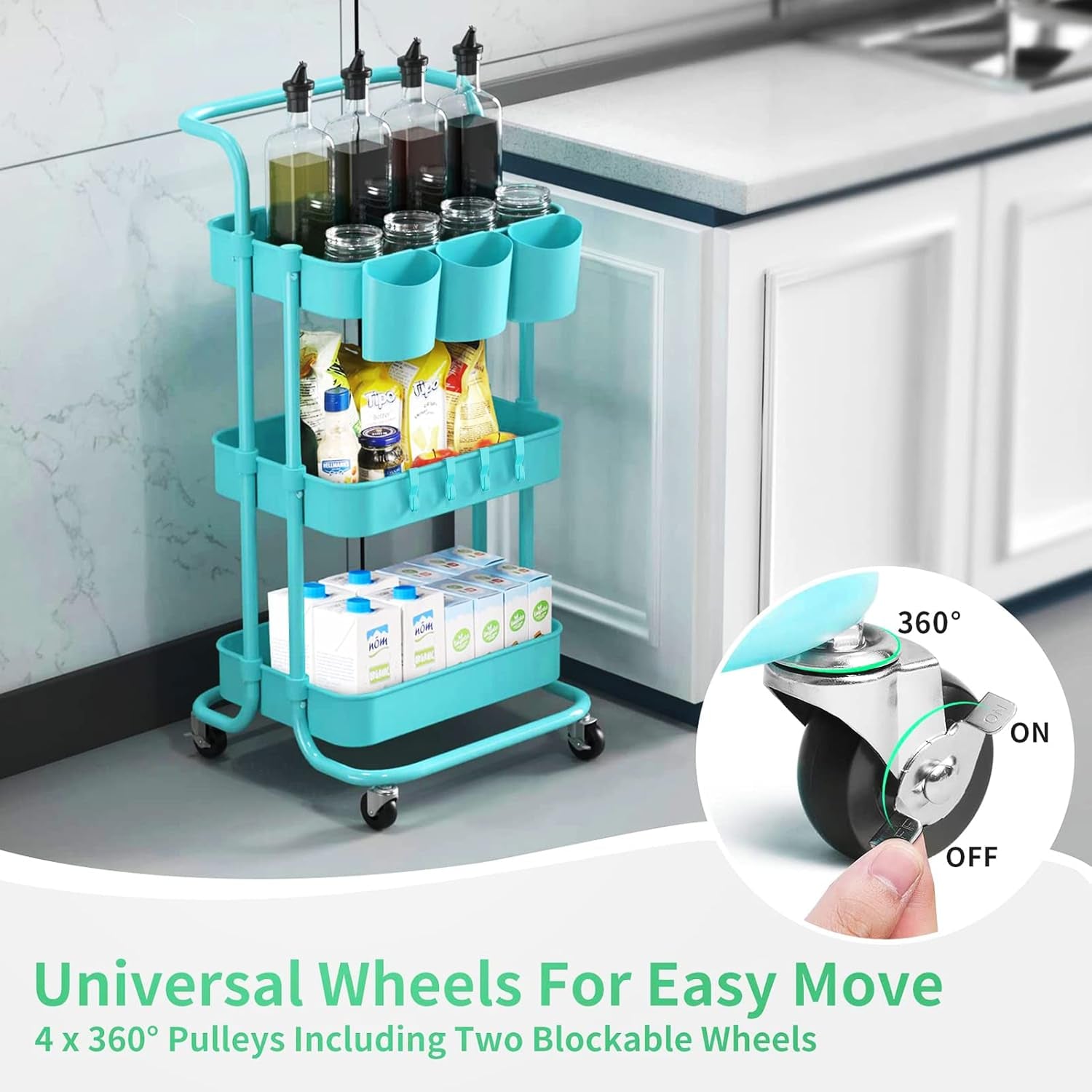 3-Tier Rolling Utility Cart Storage Shelves Multifunction Storage Trolley Service Cart with Mesh Basket Handles and Wheels Easy Assembly for Bathroom, Kitchen, Office (Blue)