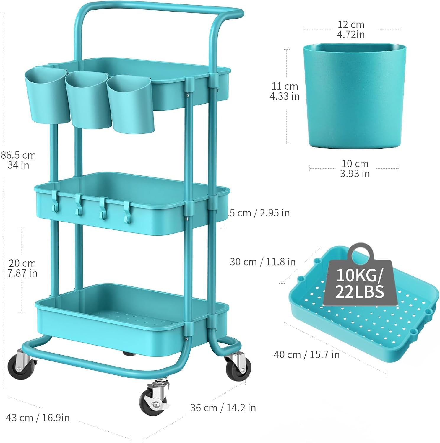 3-Tier Rolling Utility Cart Storage Shelves Multifunction Storage Trolley Service Cart with Mesh Basket Handles and Wheels Easy Assembly for Bathroom, Kitchen, Office (Blue)