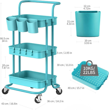 3-Tier Rolling Utility Cart Storage Shelves Multifunction Storage Trolley Service Cart with Mesh Basket Handles and Wheels Easy Assembly for Bathroom, Kitchen, Office (Blue)