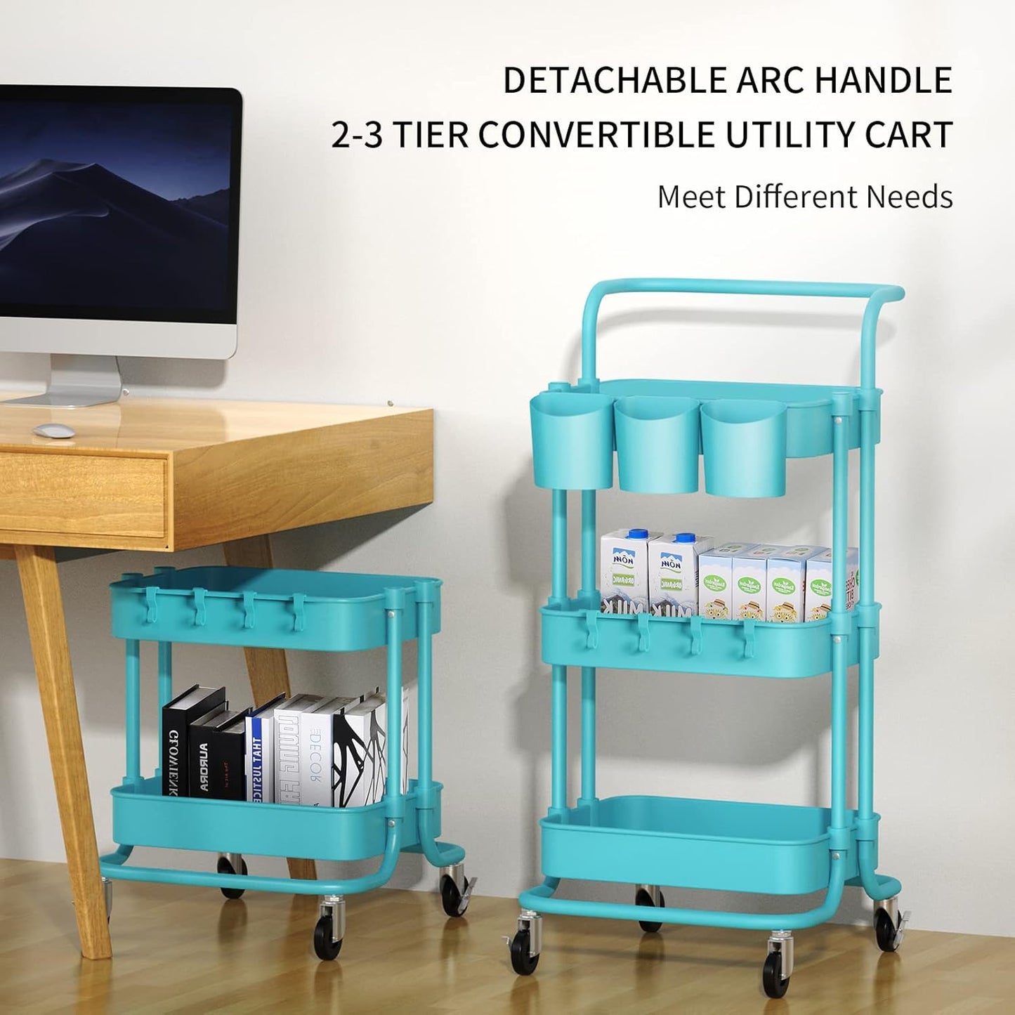 3-Tier Rolling Utility Cart Storage Shelves Multifunction Storage Trolley Service Cart with Mesh Basket Handles and Wheels Easy Assembly for Bathroom, Kitchen, Office (Blue)