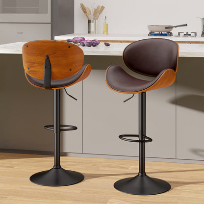 Modern Adjustable Swivel Bar Stool with Faux Leather & Walnut Wood