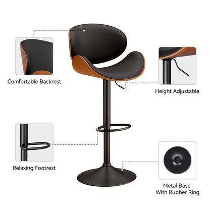 Modern Adjustable Swivel Bar Stool with Faux Leather & Walnut Wood