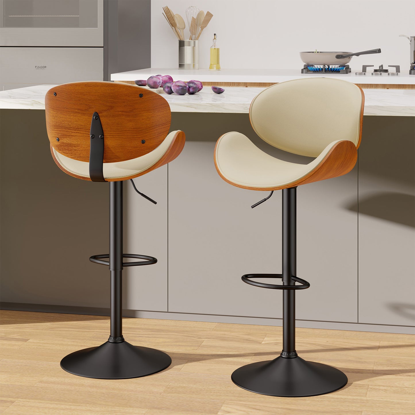 Modern Adjustable Swivel Bar Stool with Faux Leather & Walnut Wood