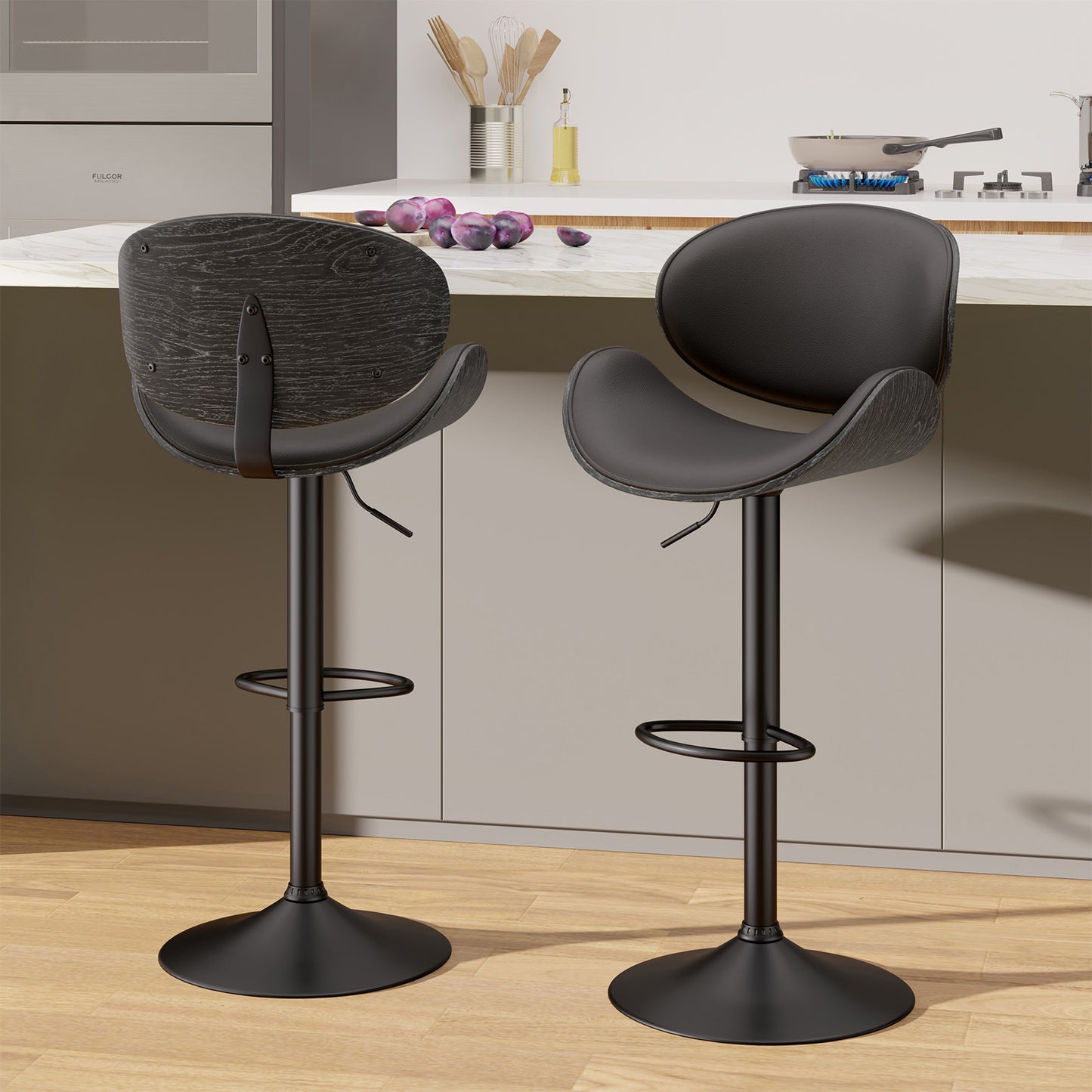 Modern Adjustable Swivel Bar Stool with Faux Leather & Walnut Wood