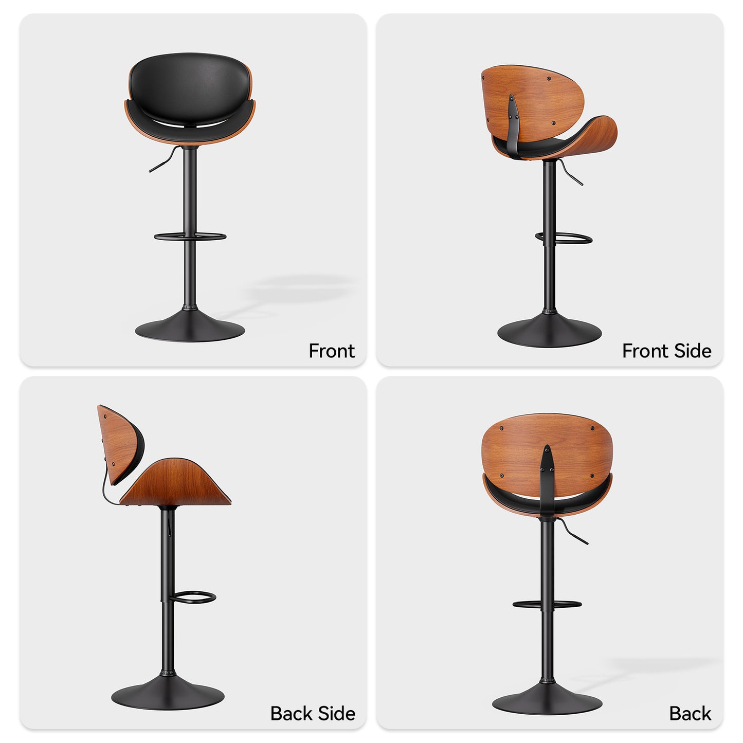 Modern Adjustable Swivel Bar Stool with Faux Leather & Walnut Wood