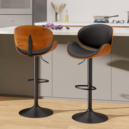 Modern Adjustable Swivel Bar Stool with Faux Leather & Walnut Wood