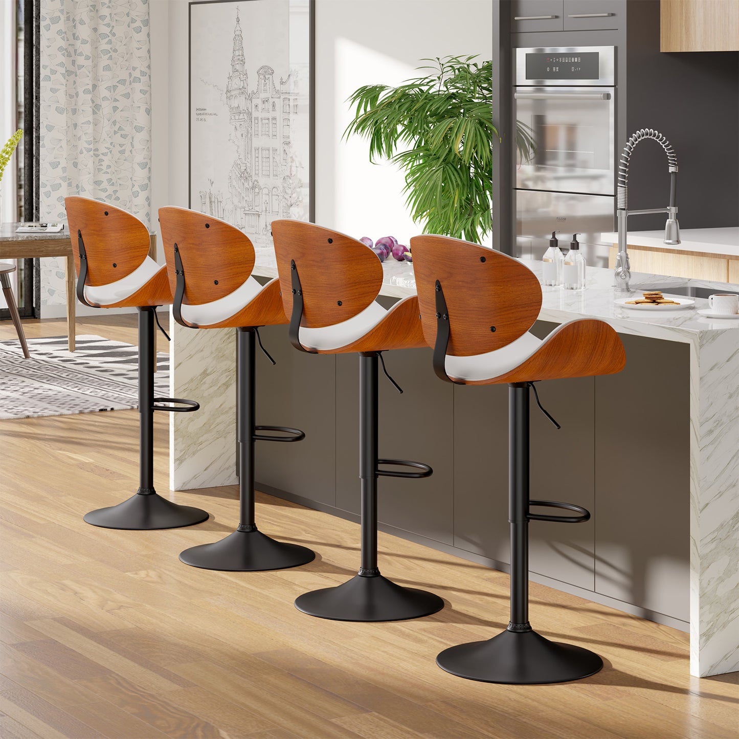 Modern Adjustable Swivel Bar Stool with Faux Leather & Walnut Wood